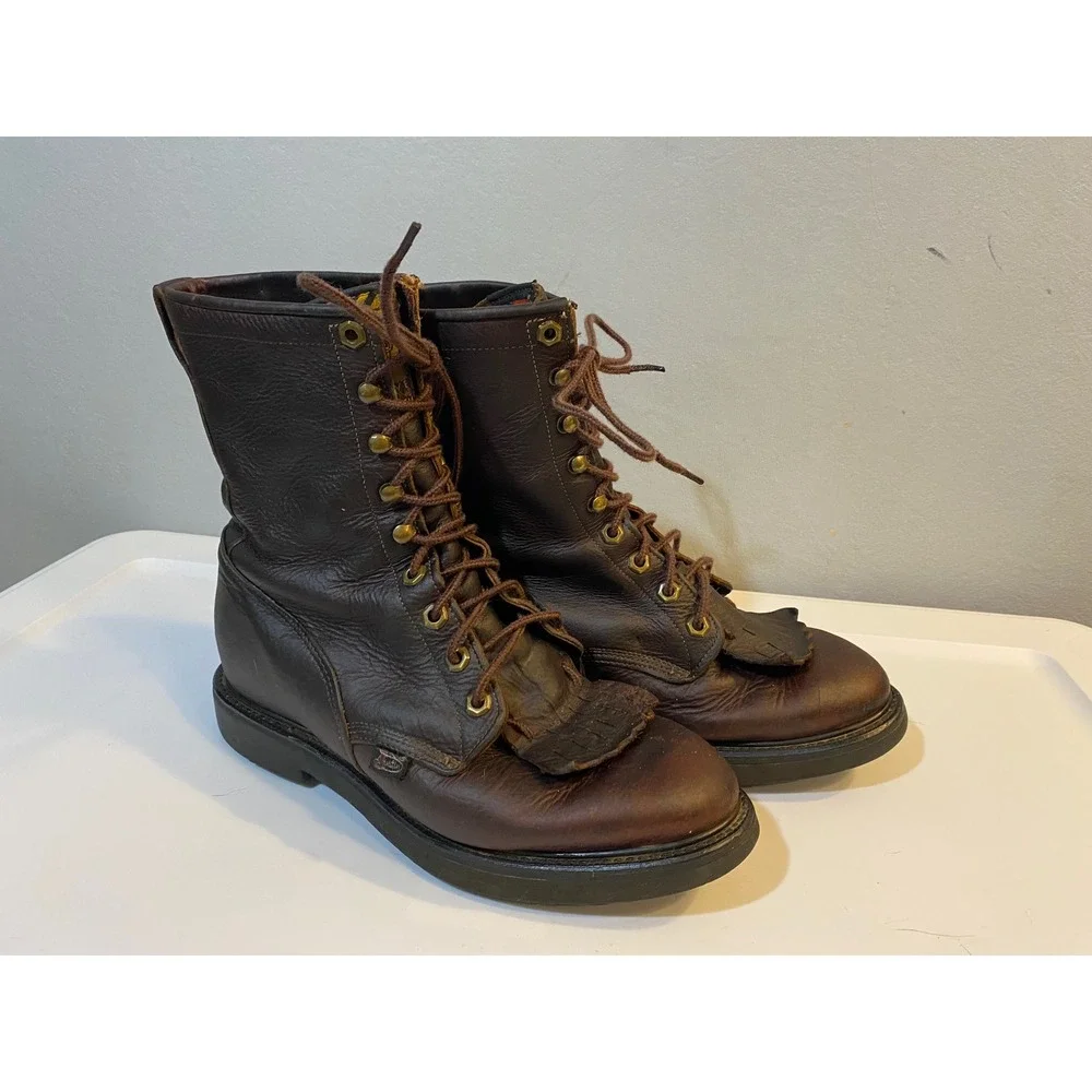 Justin Original Workboots Mens‎ 7.5 D Brown Leather Kiltie Lace Up Boots 0761